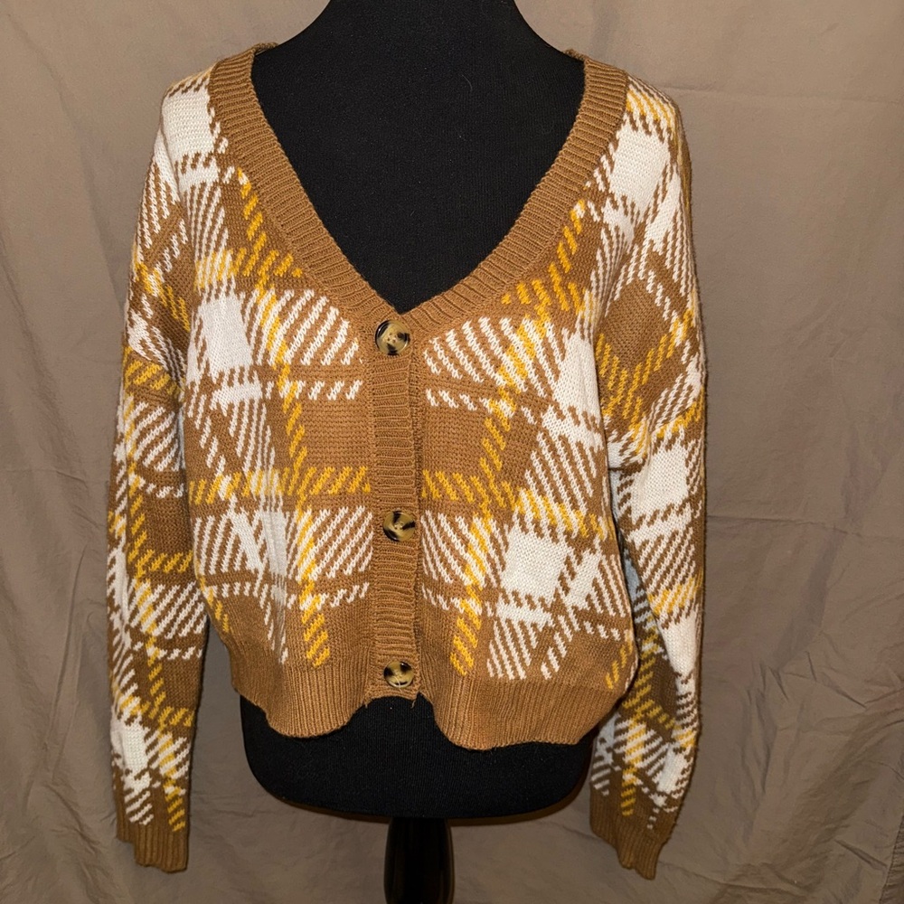 Plaid Button-Up Sweater - Brown and White